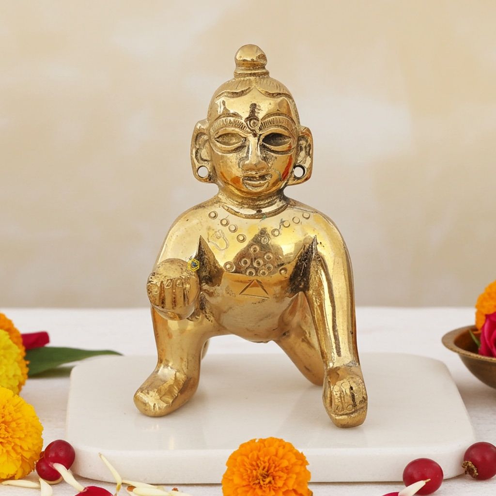 Brass Laddu Gopal Idol Statue - Divine Brass Krishna Murti, Height : 2.5 Inch (BSMAS871 M)