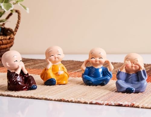 Amazon Basics Little Cute Meditating Baby Monk for Decoration (Pack of 4, Multi-Coloured)