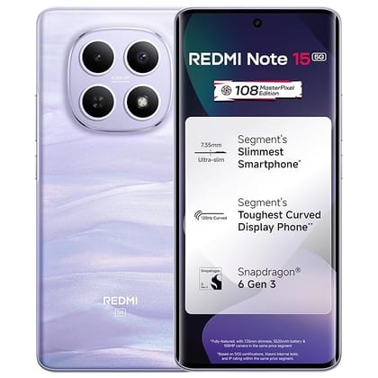 REDMI Note 15 5G (Mist Purple, 8GB RAM 128GB Storage) | 108MP OIS Camera | Snapdragon 6 Gen 3 | 17.2cm Tough Curved AMOLED Screen | Segments Slimmest Phone | 5520mAh Si/C Battery | 45W Fast Charging