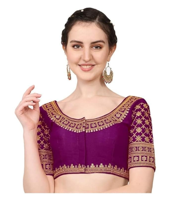 Women's Silk Embroidery Coding Round Neck Short Sleeve Readymade Blouse (Purple, Free Size)-PID57751