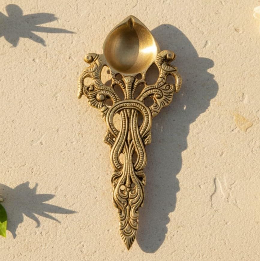 Sukh Sehaj Mayur Aarti Diya | Handcrafted Brass Camphor or Oil Holder, Antique Yellow Finish, 7.0 Inch Length, for Home Temple, Decor, Pooja Ritual and Gifting
