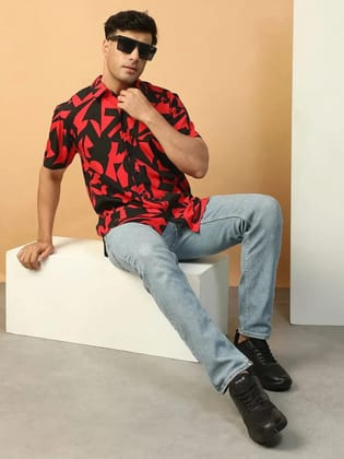 Strong Red Abstract Print Collared Short Sleeve Men Oversized Shirt Strong Red Abstract Print Collared Short Sleeve Men Oversized Shirt