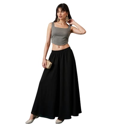 Generic Women's Georgette Solid Mid-Rise Wide Leg Flared Palazzo Pants with Elastic Waist, Ankle Length Trousers for Daily, Office and Casual Wear (Black, M, Pack of 1, Design 67551) Generic Women's Georgette Solid Mid-Rise Wide Leg Flared Palazzo Pants with Elastic Waist, Ankle Length Trousers for Daily, Office and Casual Wear (Black, M, Pack of 1, Design 67551)