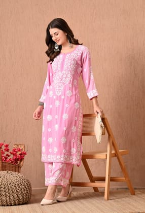 Hand Embroidered Chikankari  Plazo Set 3d Work- Pink