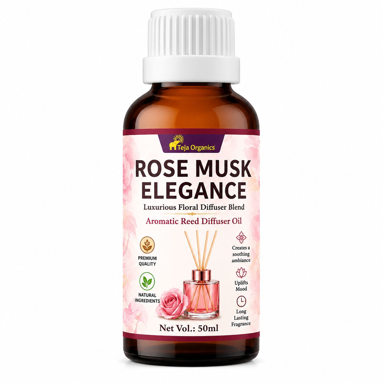Rose Musk Elegance Reed Diffuser Oil 50ml | Romantic | Uplifting mood & reduces stress