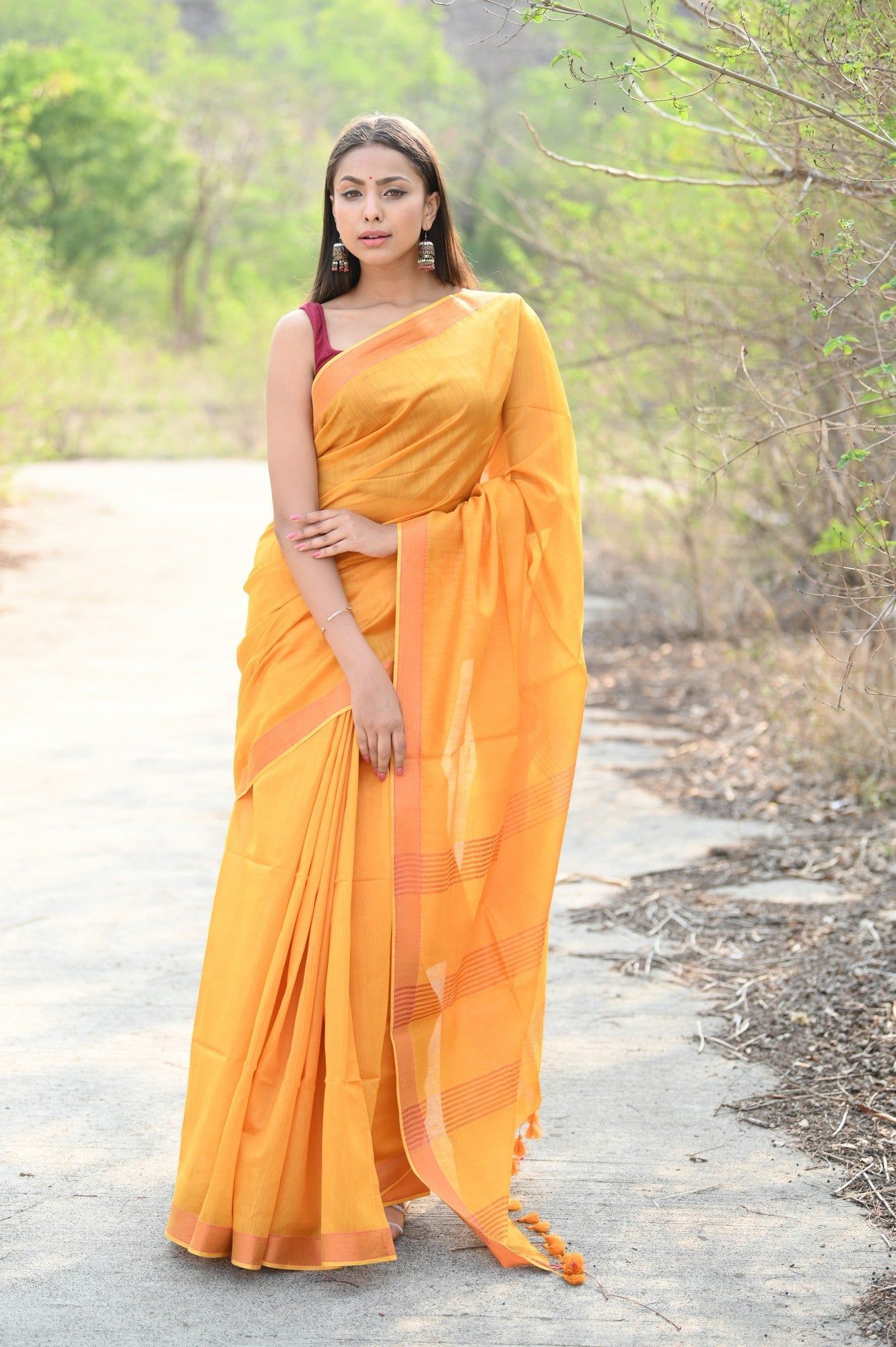 Designer Pure Cotton Silk Saree with Classic Pallu ~ Bright orange