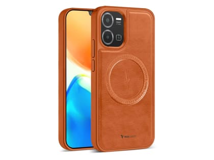 Vaku Luxos Maxtron Back Cover Case for Vivo Y35 4G Leather Stitched Magnetic Magsafe TPU Shockproof Case Camera Screen Protector - Brown