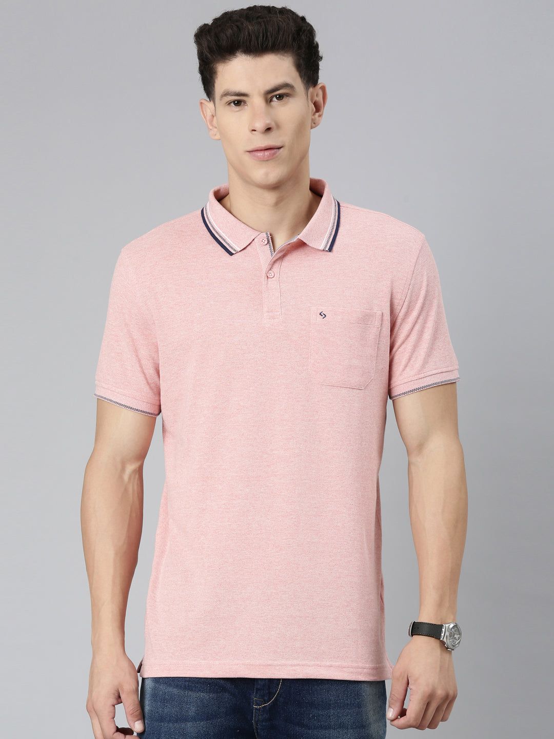Classic Polo Mens Solid Pink Polo Neck Slim Fit T-Shirt | TOY-TOZA-HORMON PINK SF P