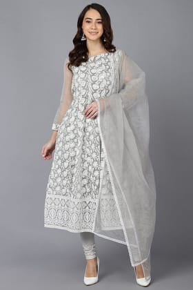 Ahika Women Grey Organza Kurta Churidar With Dupatta PKSKD1565