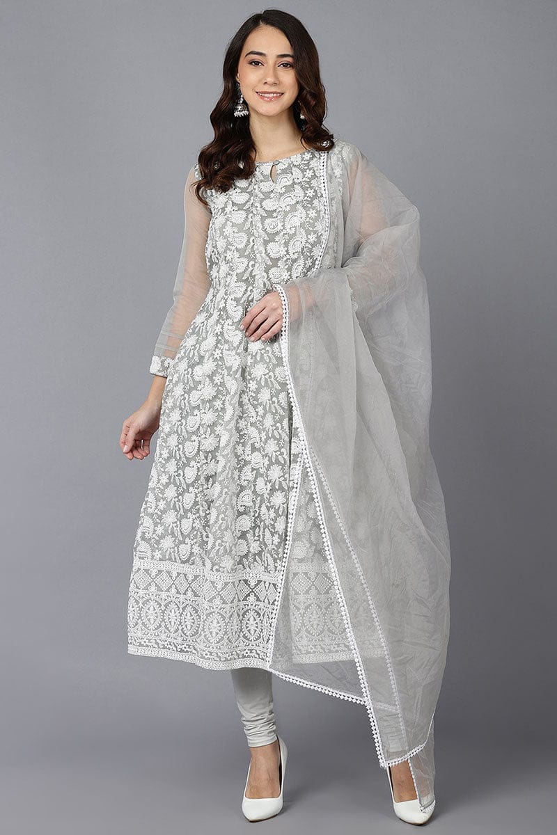 Ahika Women Grey Organza Kurta Churidar With Dupatta PKSKD1565