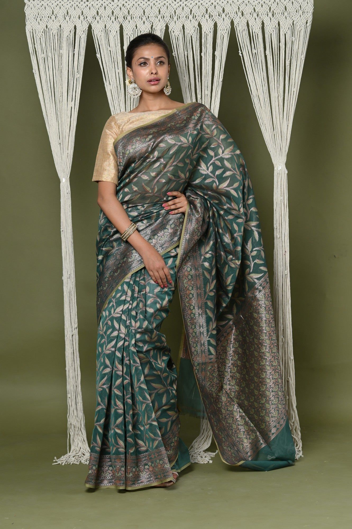 Exclusive High Quality Handloom Banarasi Cotton Saree with Beautiful Abstract Print- Green