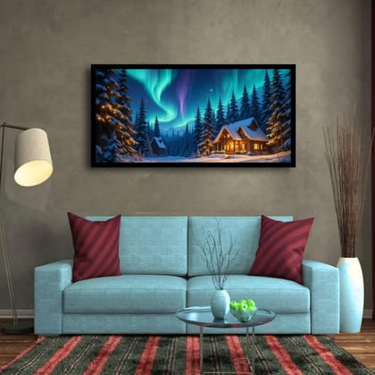 Luminary Aurora Haven – Winter Lights Escape Museum-Quality Cotton Canvas Art for Cozy Living Room Décor | Frame Size (127 X 69 Cm) | Frame Type (Black) | 5-Year Warranty