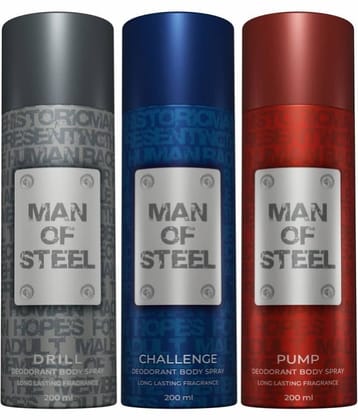 Man Of Steel Drill, Challenge, Pump Long Lasting Deodorant Spray for Men 200 ml Each ( Pack of 3 )