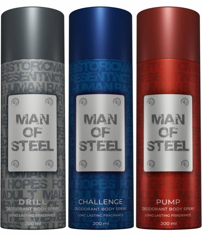 Man Of Steel Drill, Challenge, Pump Long Lasting Deodorant Spray for Men 200 ml Each ( Pack of 3 )