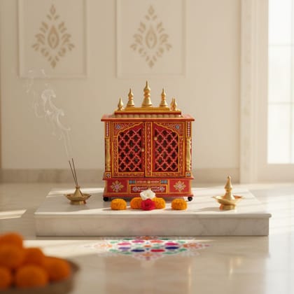 Hand-Painted Wooden Temple for Home Multi colour