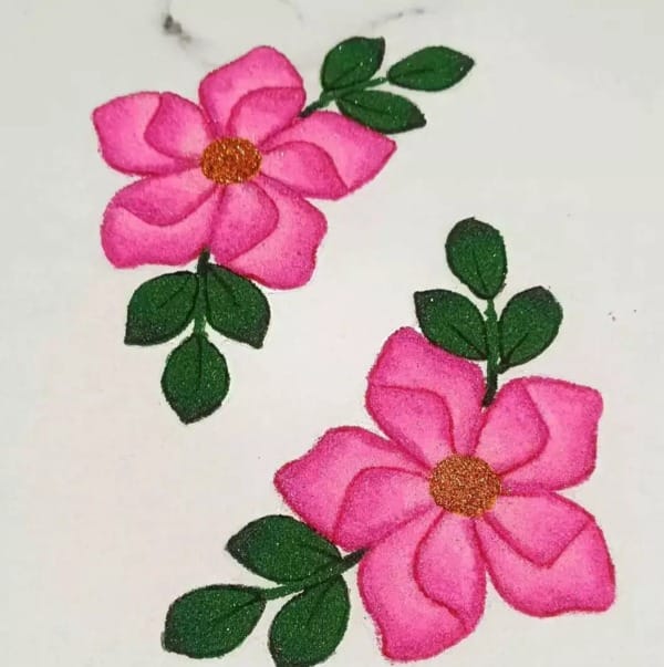 Pink Flower Rangoli Patch with Green Leaves | Pair (Set of 2) | Real Rangoli Colours | Reusable Festive & Pooja Decor