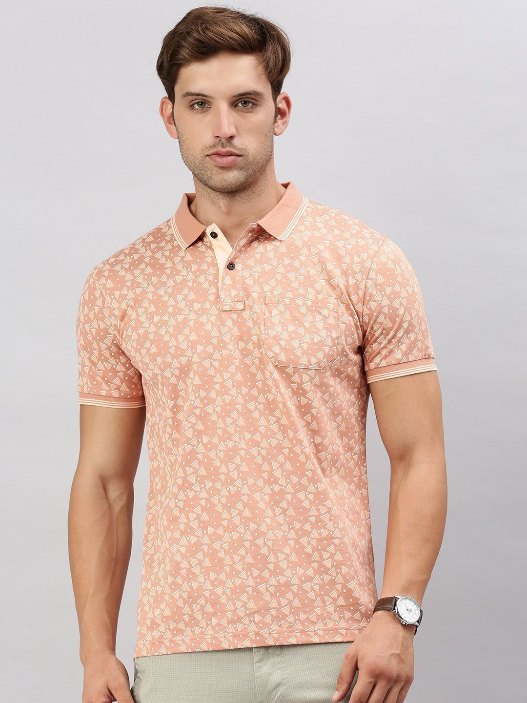 Classic Polo Men's Printed Peach Cotton Slim Fit Half Sleeve T-Shirt | BELLO - 293 A SF P