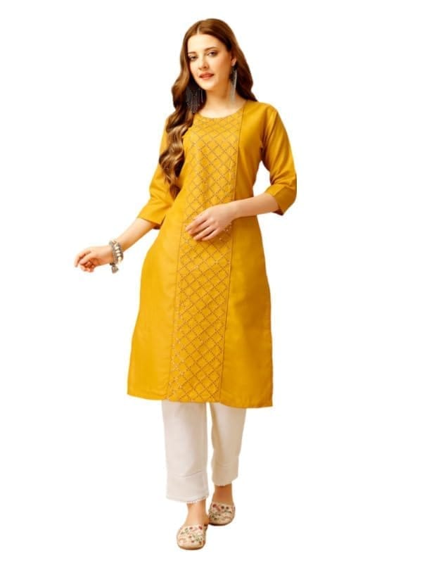 Women's Casual 3-4 th Sleeve Embroidery Cotton Kurti Pant Set (Yellow, M)-PID50292