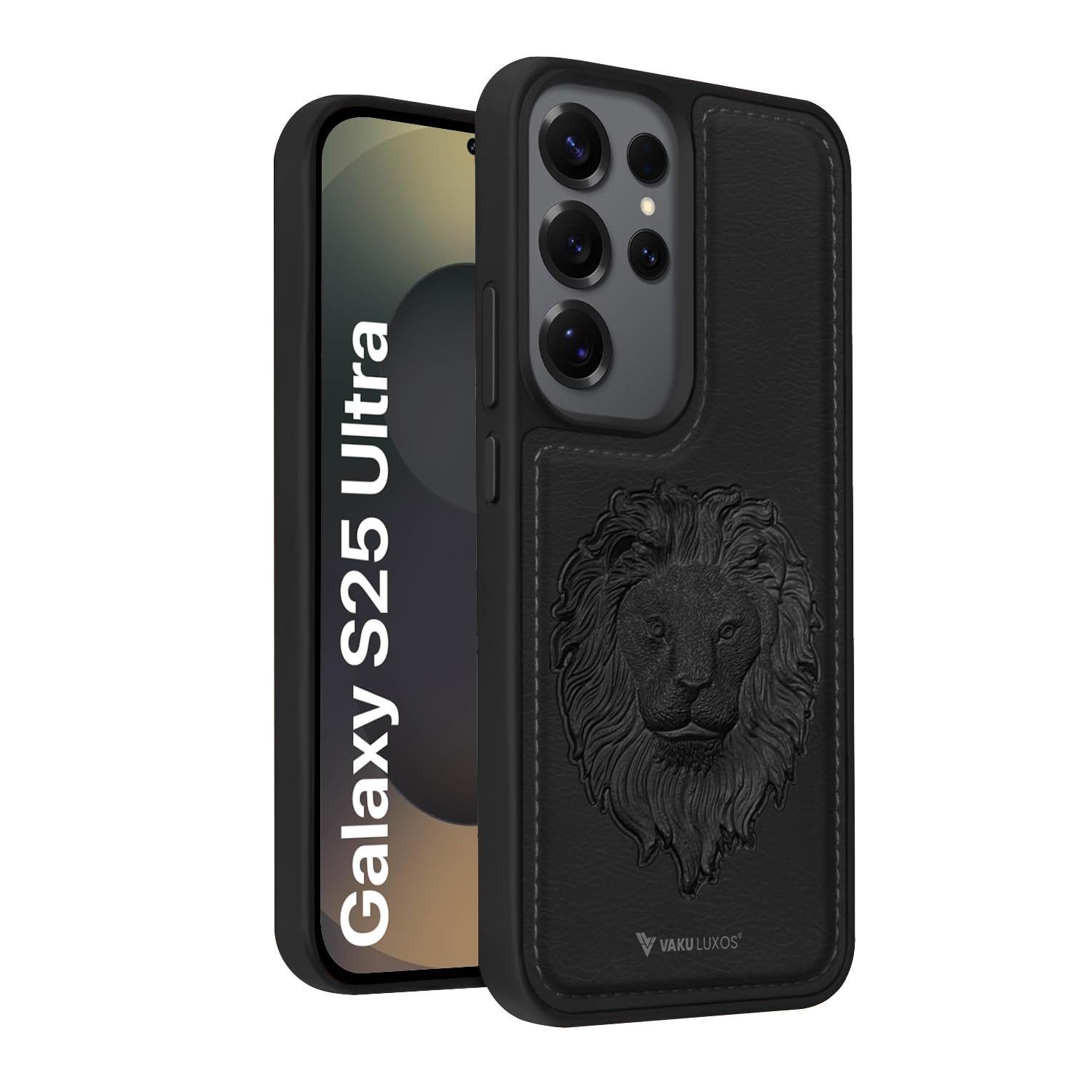 Vaku Luxos Lion Embossed TPU Back Cover Case for Samsung Galaxy S25 Ultra Premium Leather Stitched Design Camera Screen Protector- Black