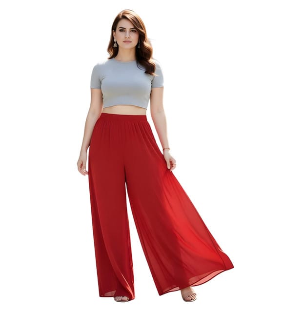Generic Women's Georgette Solid High-Rise Wide Leg Flared Palazzo Pants with Elastic Waist, Ankle Length Trousers for Daily, Office and Casual Wear (Red, S, Pack of 1, Design 67539)