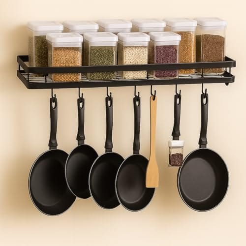 Craft Mshopr Wall Mounted Kitchen Spice Rack Organizer – Black Iron Hanging Spice Shelf with 7 S-Shaped Hooks