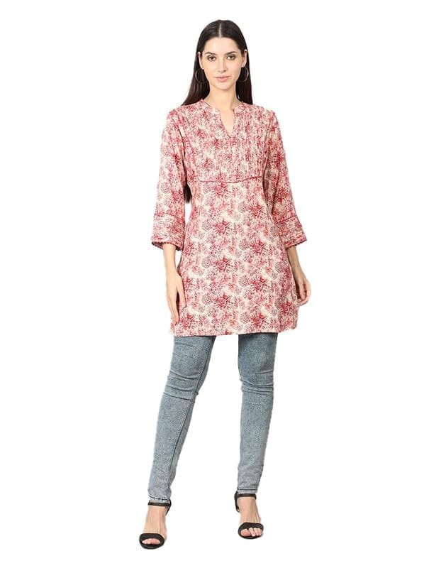Women's Casual 3/4 Sleeve Viscose Rayon Printed Kurti (Pink, XL)-PID46408