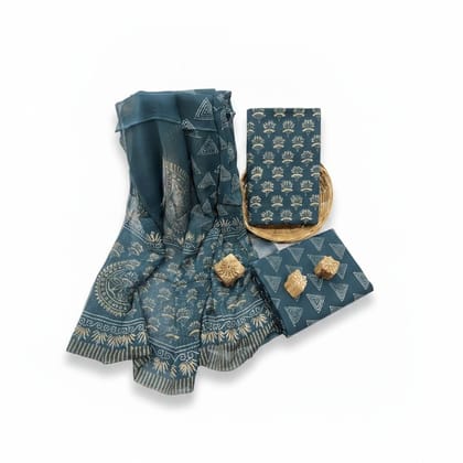 Blue Block-Printed Unstitched Dress Material