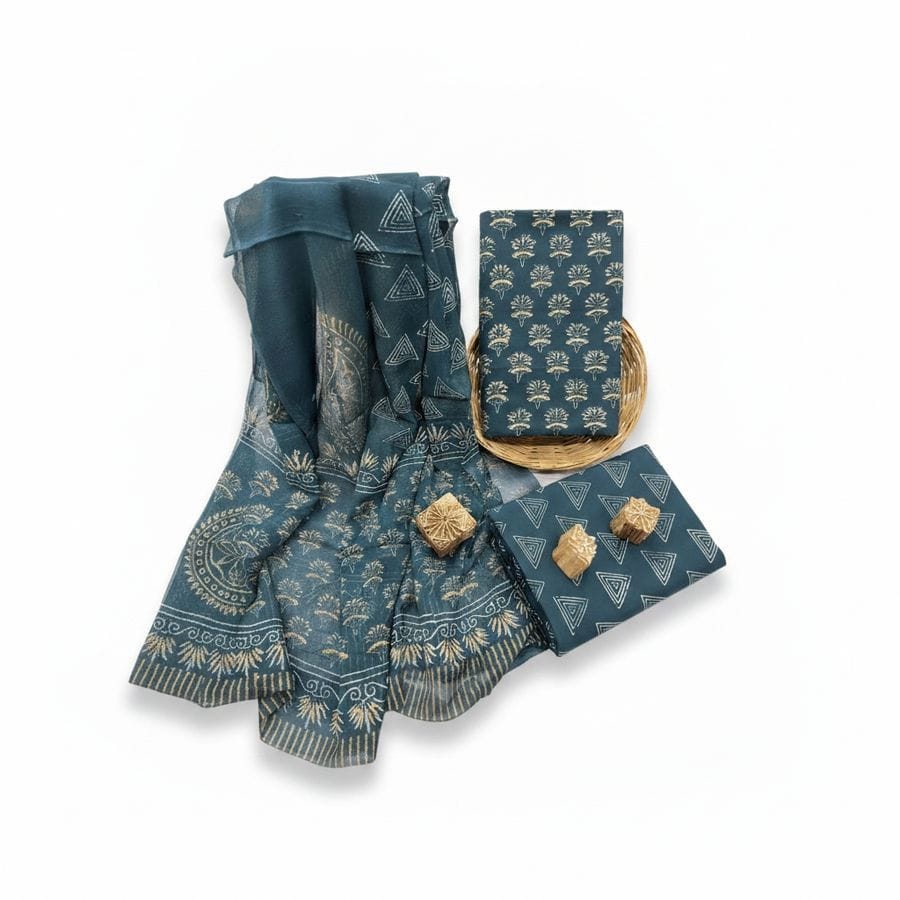 Blue Block-Printed Unstitched Dress Material