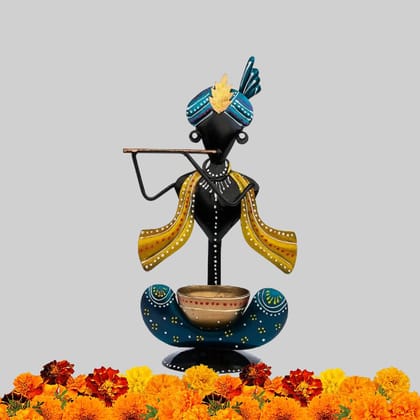 Decorative Krishna T-Light Candle Holder, Metal Handcrafted Showpiece, 24 x 13 cm, Black and Gold