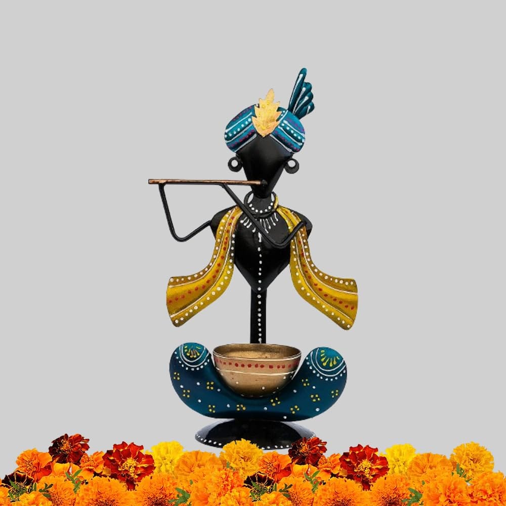 Decorative Krishna T-Light Candle Holder, Metal Handcrafted Showpiece, 24 x 13 cm, Black and Gold