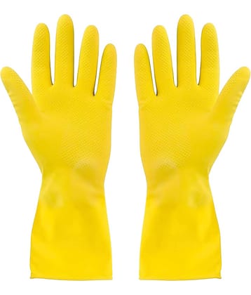 Yellow Cleaning Reusable Rubber Hand Gloves for Washing Cleaning (1 Pairs) Yellow Rubber Free Size Cleaning Glove Set ( Pack of 1 )