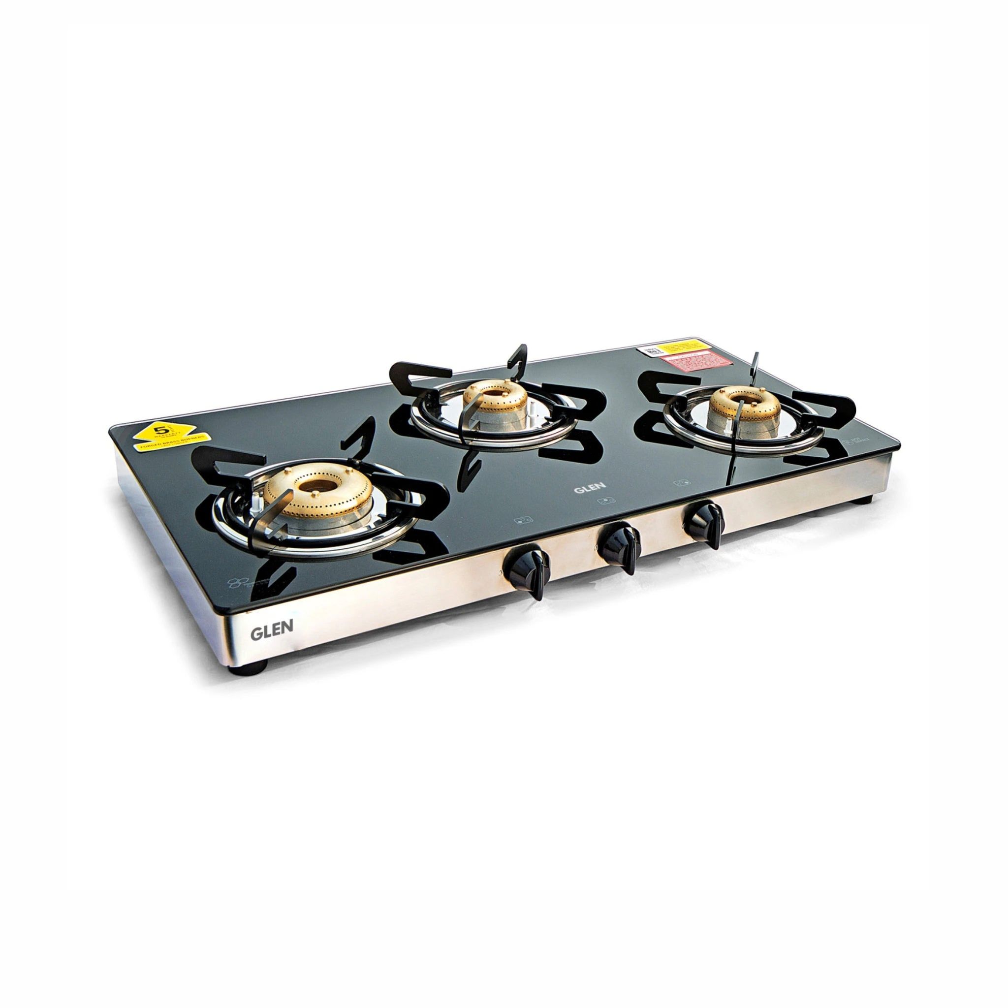 3 Burner Glass Gas Stove High Flame Forged Brass Burner XL Double Drip Tray (CT1033GTXLFBDD) - Manual/Auto Ignition