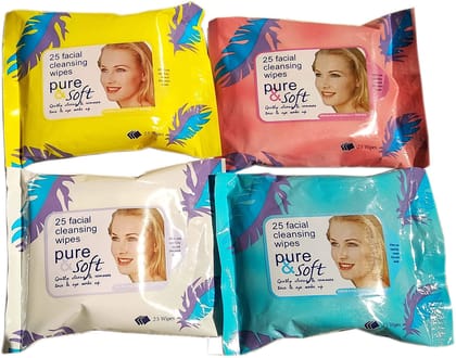 Elecsera PURE & SOFT FACIAL/FACE TISSUES -Wet-MAKEUP REMOVER-Soft -Tissue Paper Face Cleanser/Cleaning Wipes For Women & Girls - Pack Of 4 (100 Wipes)