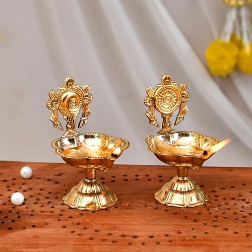 Craftvatika Pure Brass Shanku Chakra kuber Diya Diwali Decoration Item for Home Decor - Brass shanku chakra diya