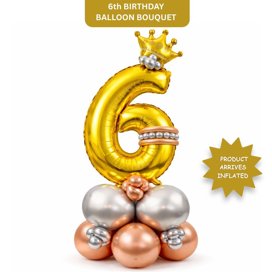 Royal Number 6 Large Golden Balloon Bouquet Arrangement with Small Crown & Silver, Rosegold Latex Balloons