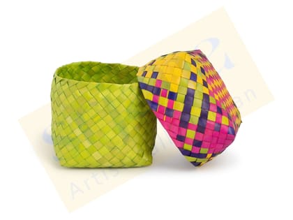 Srjana Colorful Square Palm Leaf Basket with Lid Srjana Colorful Square Palm Leaf Basket with Lid