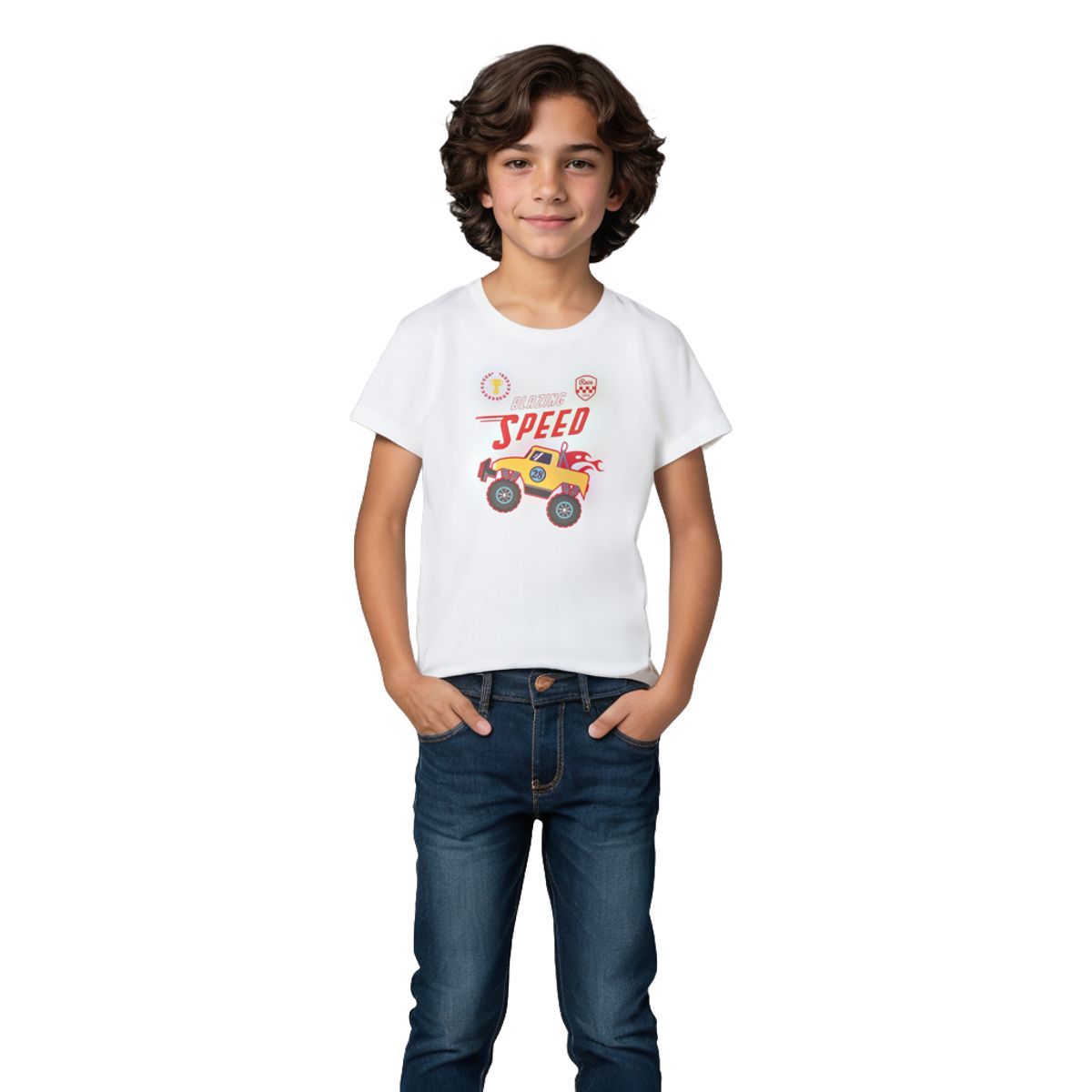 Boys T shirt Cotton Pure White Blazing Speed Monster Truck