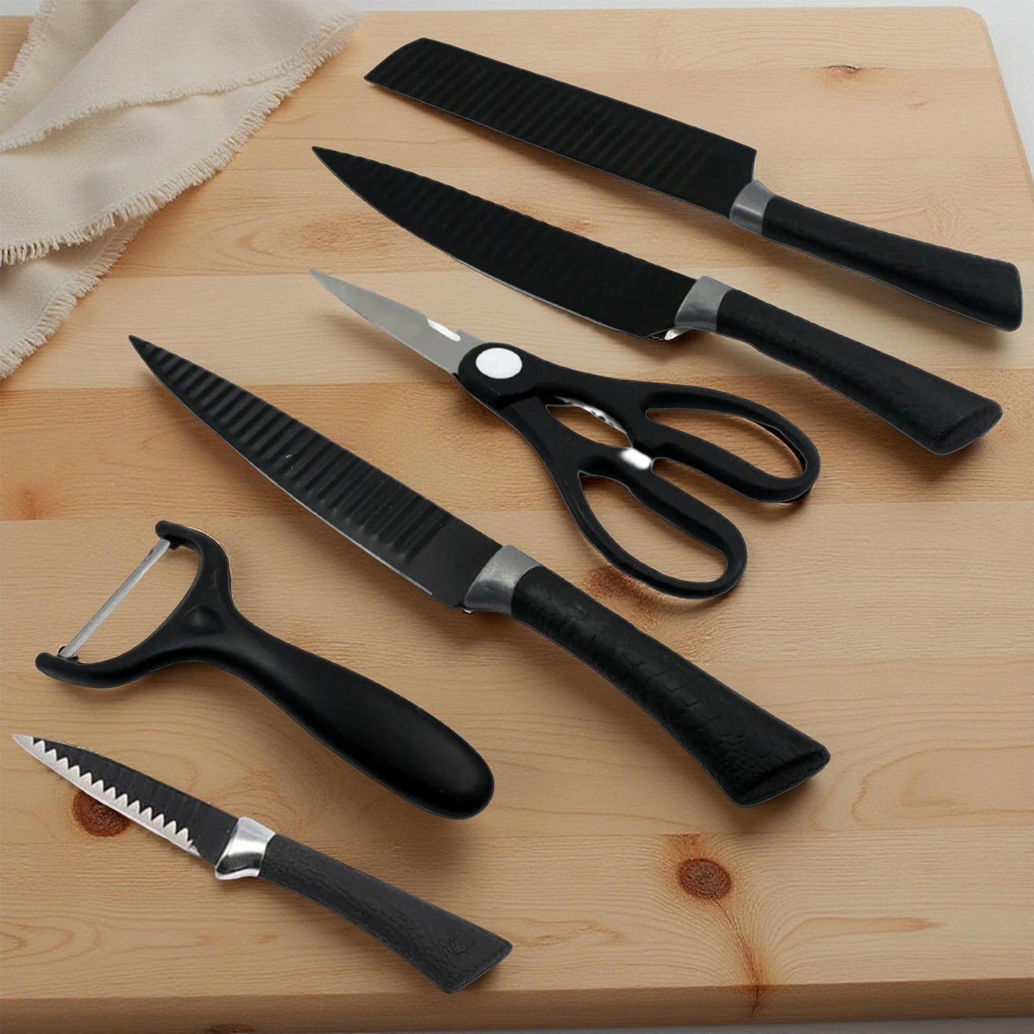 6 Pieces Professional Kitchen Knife Set, Meat Knife, Chef's Knife with Non-Slip Handle for Home, Kitchen and Restaurant with Chef Peeler and Scissor (Stainless Steel / 6 Pcs Set)