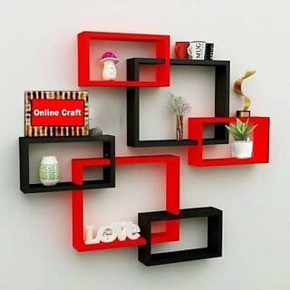 Onlinecraft Wooden Shelf (Red,Black) Attech Double Wooden Wall Shelf (Number Of Shelves - 10, Multicolor)