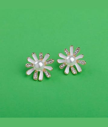 Silver Shine Premium White Enamel Stylish Fancy Floral Design With Diamond Stud Earring For Girl And Women