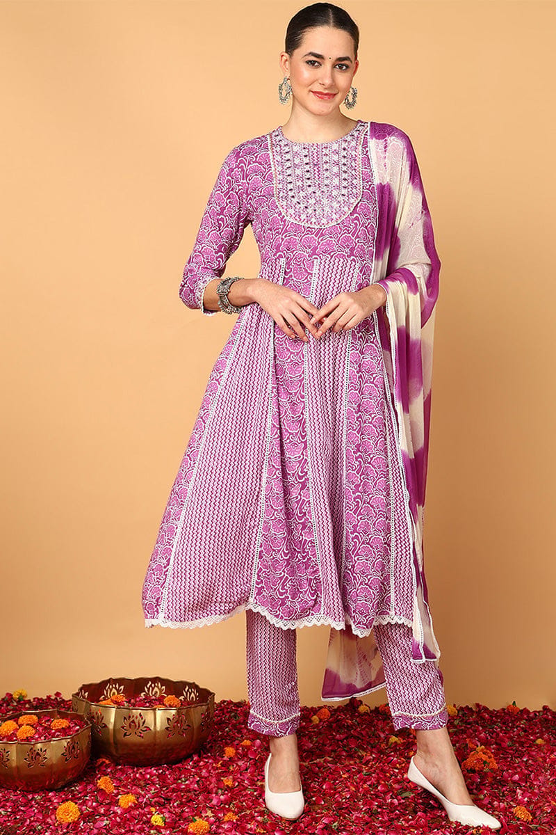 Plus Size Purple Viscose Rayon Ethnic Motifs Yoke Design Flared Kurta Trouser With Dupatta VKSKD2135