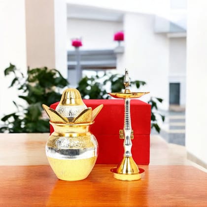 Traditional Brass Kalash & Diya Set with Red Velvet Box Traditional Brass Kalash & Diya Set with Red Velvet Box