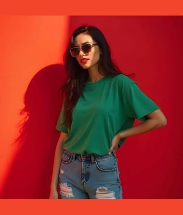 Knite Wolf Women Cotton Blend Solid Oversized Fit Round Neck T-Shirt ( Green )