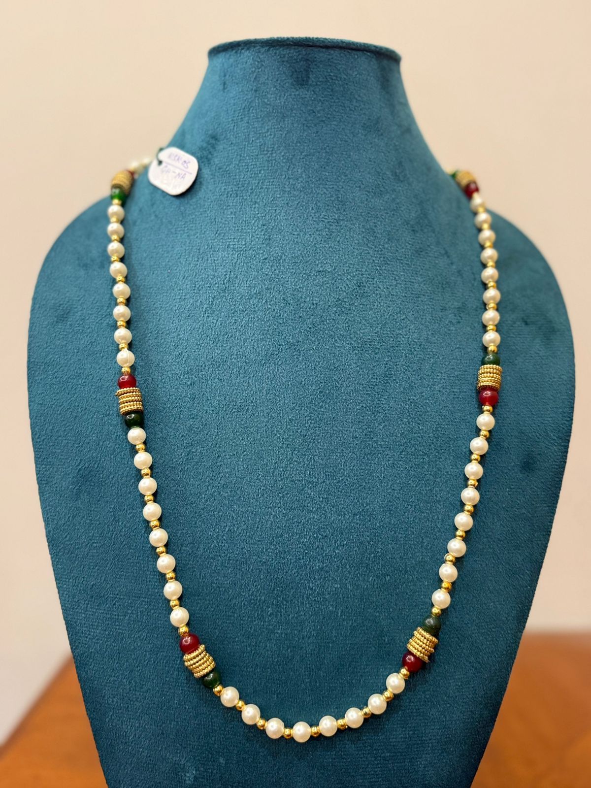 traditional 1 ladi white pearl mala with red and green beads combo