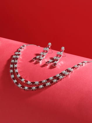 White Rhodium Plated Red AD studded Double layered Designer Jewellery Set