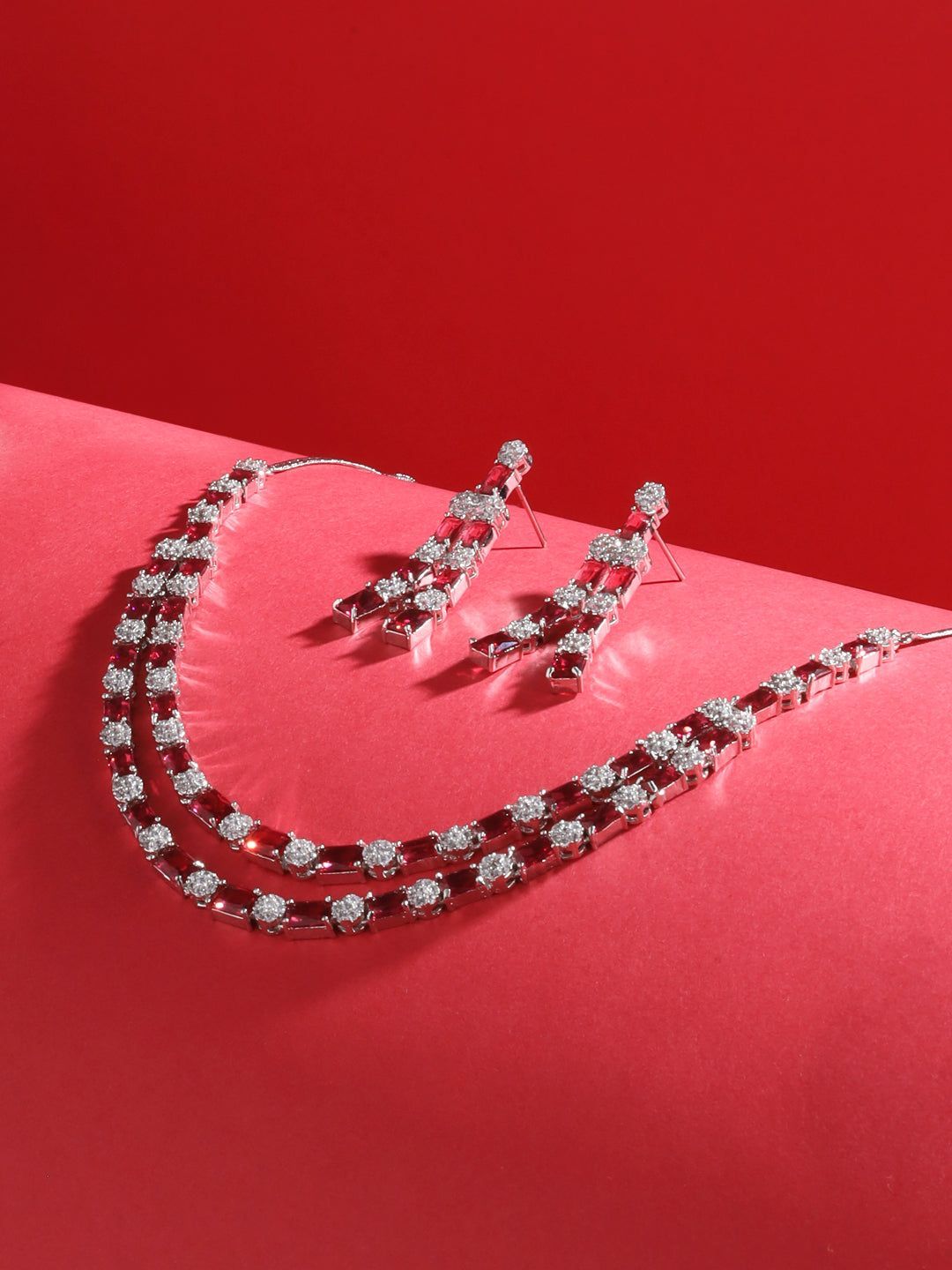 White Rhodium Plated Red AD studded Double layered Designer Jewellery Set
