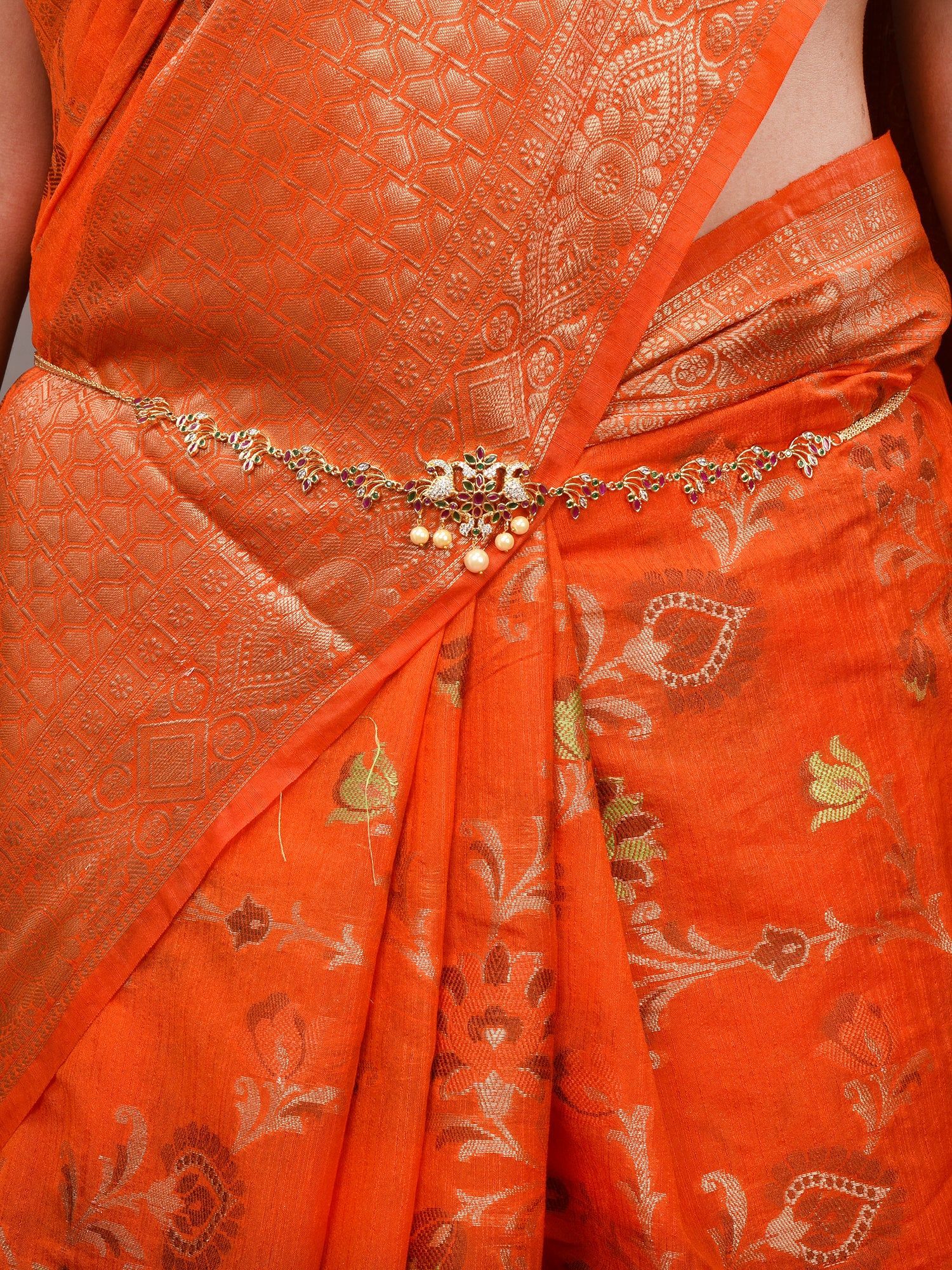Red & green Gold Plated Floral &Peacock Motif Temple Kamarbandh