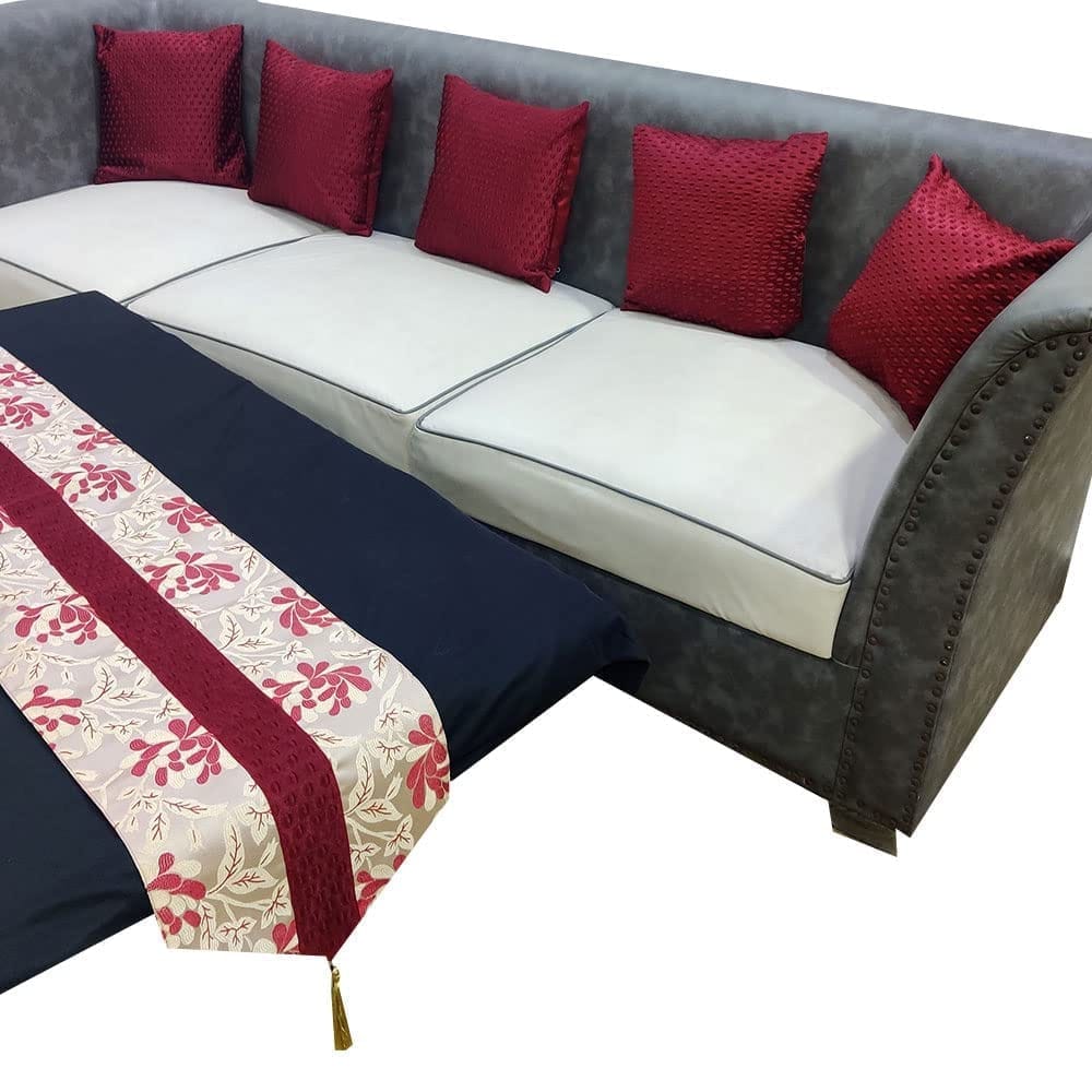GOODVIBES Maroon Red White Damask Woven Square 5 Cushion Covers and 1 Table Runner Combo Luxury Modern Pillow Cover for Sofa Living Room Bedroom |16X16 Inch Cushion Cover I12 X 59 Inch Table Runner