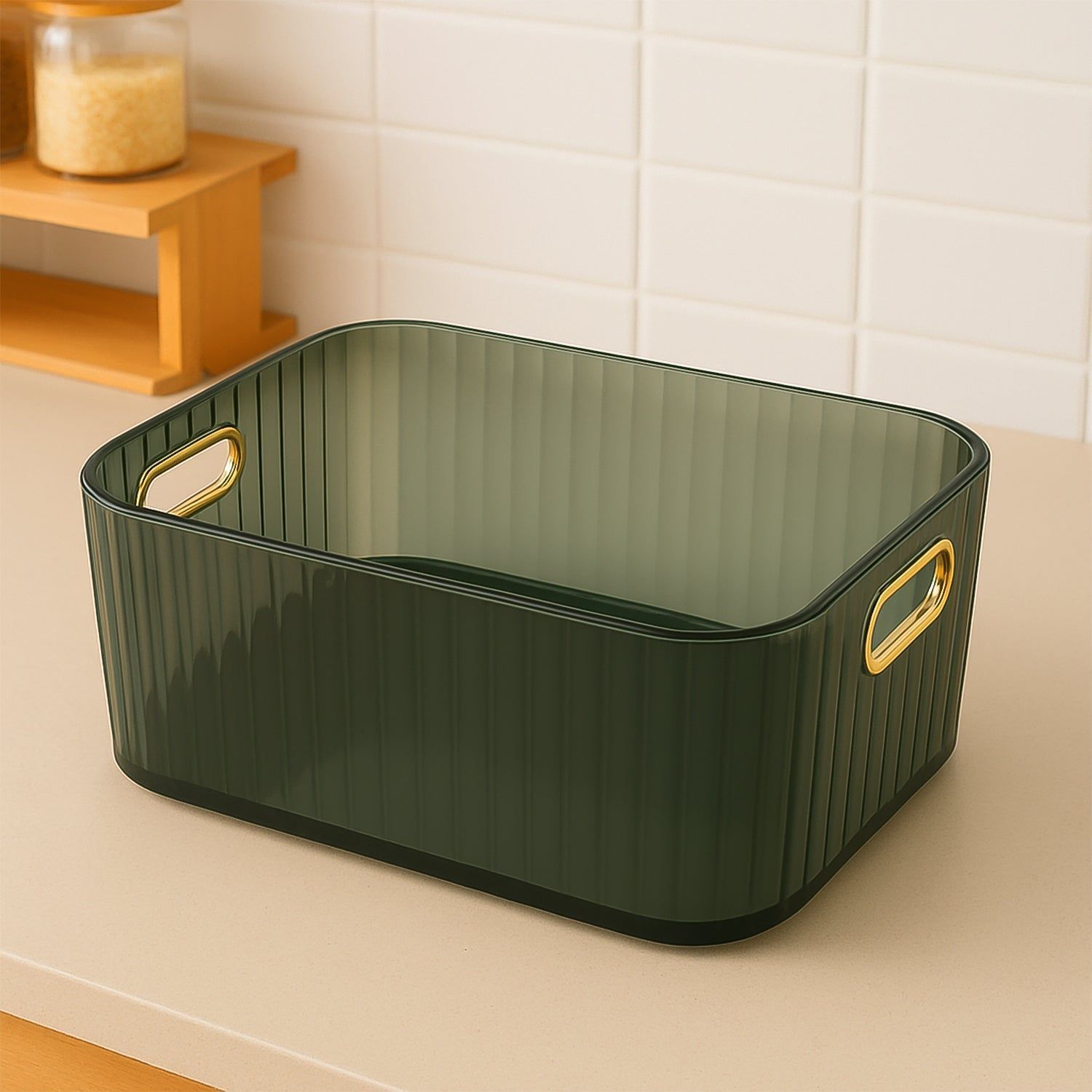 Premium Ribbed Transparent Storage Basket with Gold Handle – Multipurpose Kitchen &amp; Home Organizer Box