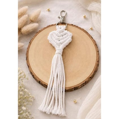 Handmade Macrame Crochet thread Cute Heart Keychain with Tassel for Girls, Boys, Men, Women | Cotton Cord Boho Bag Charm | Decorative Key and Phone Accessory | White